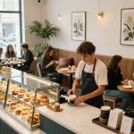ตกแต่งร้านกาแฟ with cozy seating, plants, and barista making espresso in a warm atmosphere.