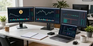 Bitcoin mining investment focused workspace with cryptocurrency charts, digital wallet, and DeFi analytics