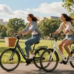 Doppio Fiets e-bike in a scenic park, highlighting joy and adventure of outdoor cycling.