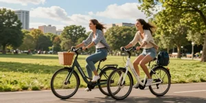 Doppio Fiets e-bike in a scenic park, highlighting joy and adventure of outdoor cycling.