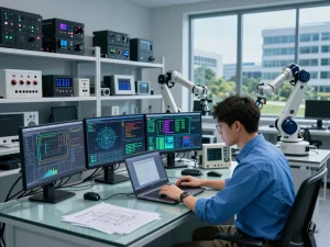 Engineer at Hải Phòng Tech programming automation sensors in a high-tech lab.