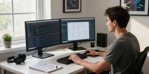 OpenClaw developer at a modern workspace with coding setup and tech gadgets, showcasing innovation and productivity.