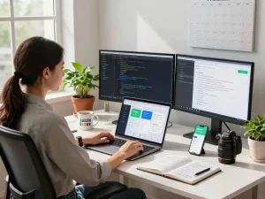 OpenClawd user engaging with AI on a modern workspace setup, displaying tech integration.
