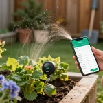 Gardener using a RainPoint water timer to monitor and maintain plant health in a vibrant backyard garden.