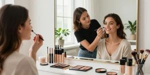Model receiving makeup application with Skone products from wholesale makeup suppliers, showcasing beauty artistry.