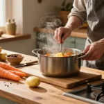 Leckere vegetarische Suppenzubereitung, die frische Zutaten und eine warme herbstliche Küchenatmosphäre hervorhebt.