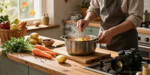 Leckere vegetarische Suppenzubereitung, die frische Zutaten und eine warme herbstliche Küchenatmosphäre hervorhebt.