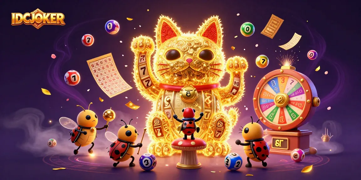IDCJOKER showcases a vibrant 3D scene with a lucky cat and colorful casino symbols, promoting exciting gameplay.