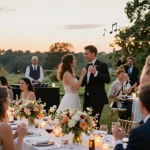 DJ für Hochzeit Berlin: Festliche Hochzeit nahe DJ-Stand mit tanzenden Gästen.