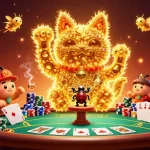 Engage with nohu90 com and discover a vibrant casino scene filled with a lucky cat, poker table, and game symbols.
