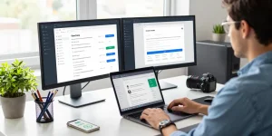 Job seeker monitoring openai jobs on a stylish workspace setup with dual monitors.