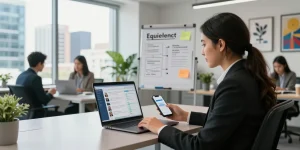 Recruitment specialist hiring engineers in Latin America with candidate profiles on their laptop.