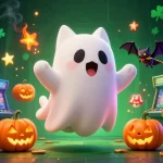 オンラインポーカーを楽しむゴーストキャットとバットのキャラクターが浮かぶハロウィンカジノのシーン。