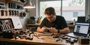 Expert gunsmith at https://precisionglockslides.com assembling a customized Glock with precision tools and aftermarket slides in a workshop.
