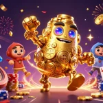 KADAL778 reveals a captivating 3D golden golem amidst cascading coins, showcasing dynamic online slot excitement.