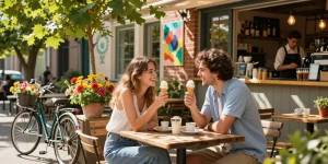 Young couple sharing ice cream cones outdoors, capturing the feeling of having a crush on someone.