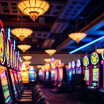 Menggambarkan pengalaman pgbet, seorang pemain menang di kasino dengan mesin slot berwarna-warni.