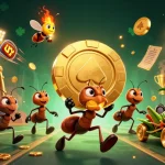 Play exciting games at bgd55 with ants stealing a giant poker chip amidst vibrant casino elements.
