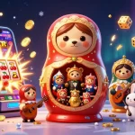 KADAL778 features a vibrant 3D casino scene with Matryoshka bears and a jackpot explosion, showcasing an exciting gambling experience.