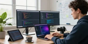Seamless API testing setup showcasing a programmer's workspace with high tech devices, highlighting an effective postman alternative.