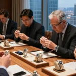 Luxury watch enthusiasts inspecting replica watches in a refined setting.