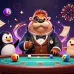 Découvrez les meilleurs bonus de casino avec des personnages animés jouant au poker, entourés de jeux et de confettis.