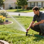 Professional Irrigation Services in Springtown, TX - Technician inspecting sprinkler heads in a vibrant garden setting.