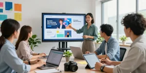 Ready-made ad campaigns showcased in a vibrant digital marketing workspace during a team strategy meeting.