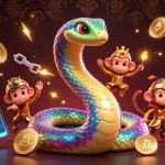 Découvrez l'excitation du casino en ligne avec un serpent coloré et un roi singe en armure dorée, jouant avec des pièces de crypto.