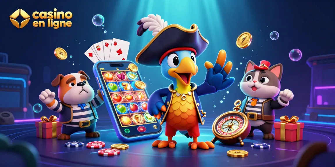 Plongez dans l'univers captivant du casino en ligne avec des personnages animés entourés de jeux et de récompenses.