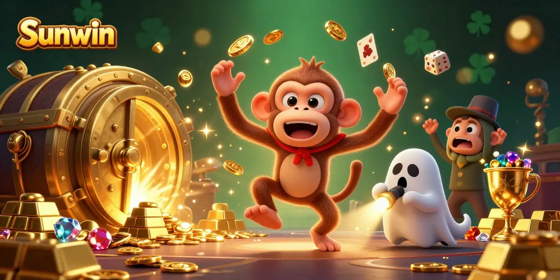 Engage with Sunwin's thrilling atmosphere featuring a mischievous monkey and a ghost-hunter puppy in a dynamic casino scene.