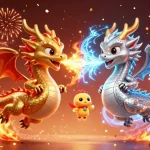 Gagnez des gains captivants dans un casino en ligne avec des dragons et des éléments festifs.