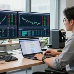 Trader using MetaTrader 5 on multiple screens in a modern office.