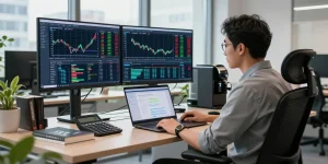 Trader using MetaTrader 5 on multiple screens in a modern office.