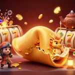 Engage with mahjong slot gaming excitement featuring a golden fortune cookie and animated characters.