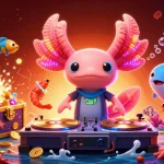 Découvrez l'univers des jeux sur le casino en ligne avec un DJ axolotl vibrant et des personnages marins dans une scène dynamique.