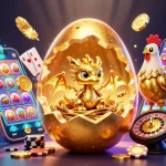 Engage with daga68’s thrilling live cockfighting arena, revealing a golden dragon atop poker chips amidst exciting gaming elements.