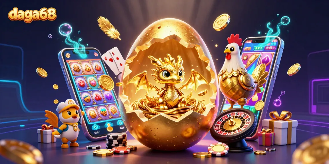 Engage with daga68’s thrilling live cockfighting arena, revealing a golden dragon atop poker chips amidst exciting gaming elements.