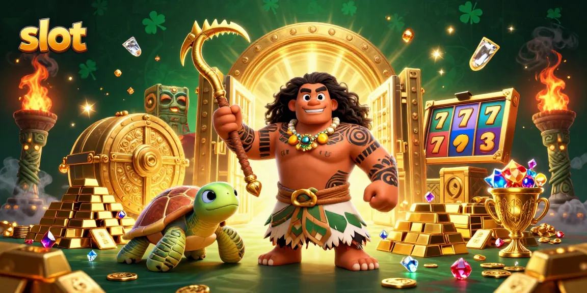 Engage in thrilling slot adventures with a Polynesian-style demigod in a vibrant casino scene.