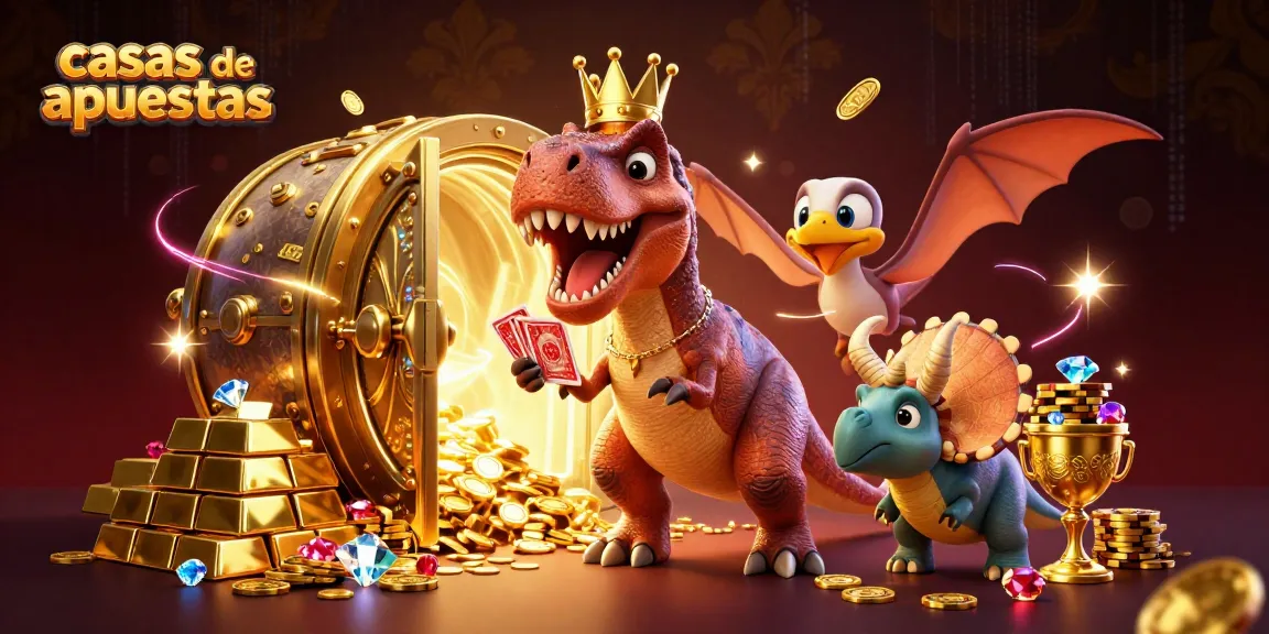 Ilustración 3D de un T-Rex amistoso que juega cartas en casas de apuestas, rodeado de oro y tesoros.