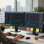 Developer working at a modern workspace showing code on dual monitors, highlighting teiegramin.com.