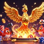 Experience parlay betting excitement with a dynamic illustration of a golden phoenix and gambling elements.