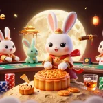 Jouez au casino en ligne avec le lapin lunaire et des jetons de poker, ambiance festive et colorée.