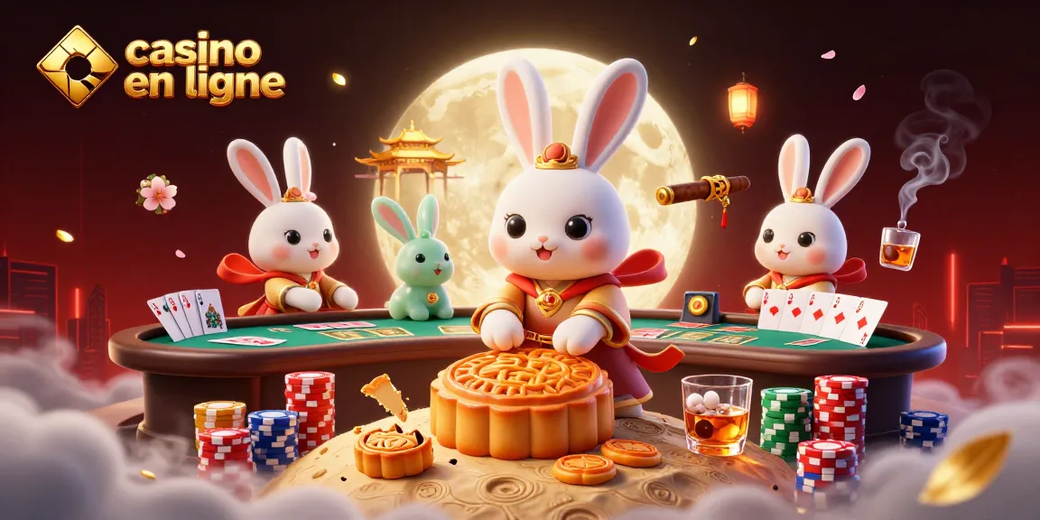 Jouez au casino en ligne avec le lapin lunaire et des jetons de poker, ambiance festive et colorée.