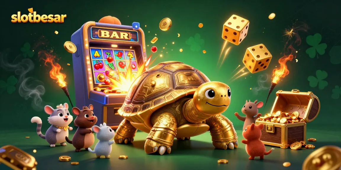 Spin to win with slotbesar featuring a grand slot machine and golden tortoise, ideal for online gaming.