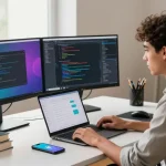 Young developer working on 纸飞机中文版 in a modern tech workspace with dual monitors.