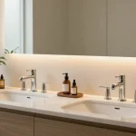 Modern bathroom vanity design featuring a double sink with stylish fixtures and minimalist decor.