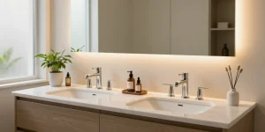 Modern bathroom vanity design featuring a double sink with stylish fixtures and minimalist decor.