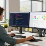 Engaging tech workspace showcasing developer productivity at telegraimin.com with dual monitors, coffee, and modern office aesthetics.