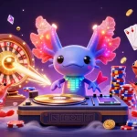Kuwin showcases a vibrant 3D scene with an axolotl DJ, shrimp dancers, and treasure elements, enhancing the gambling experience.